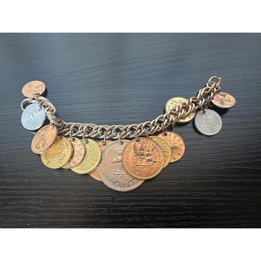 Vintage World Coin Charm Bracelet – Mixed International Coins from 1940s–1970s